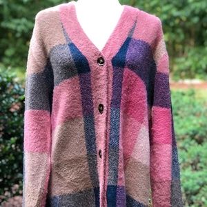 Ann Taylor Boyfriend Cardigan Sweater Pink Multi Plaid Size L